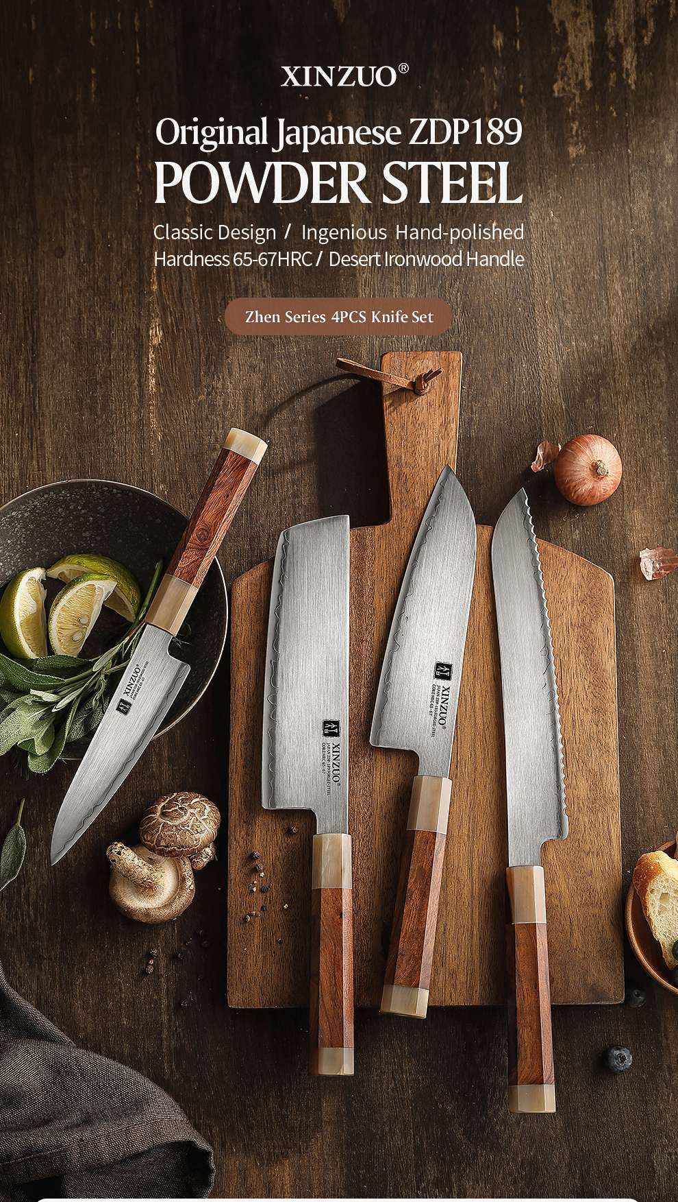 XINZUO 4PCS Kitchen Knives Set Japanese ZDP-189 Composite Steel 65-67 HRC Chef Knife Bread Nakiri Santoku Utility Cooking Tools