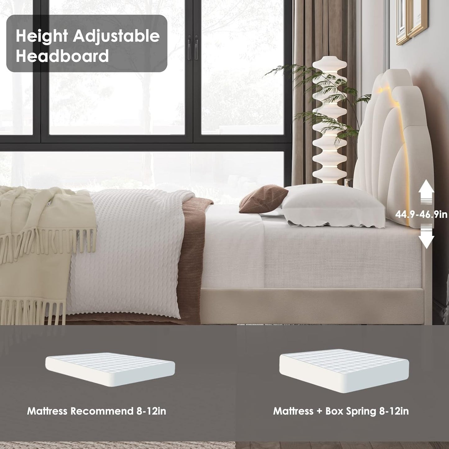 Base de Cama Estofada Inteligente com LED e Cabeceira Ajustável em Pétala Chique, Camas de Plataforma de Tamanho Casal Princesa para Cri