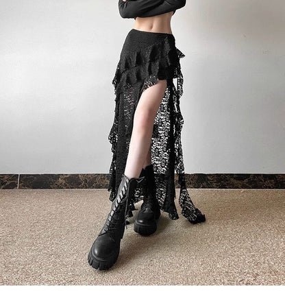 Gothic Skirt 2000s Summer Women's Clothes Gyaru Kpop Streetwear Lace High Waist Casual Aesthetic Long Skrit Femme Hip Hop Skirts