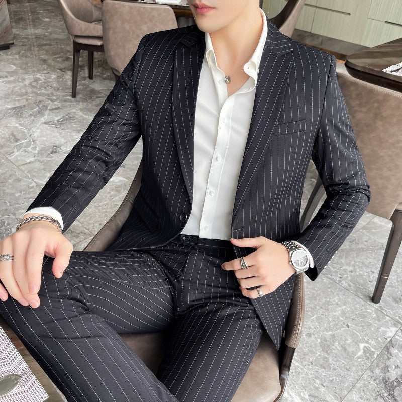 Men's Fashion High-Quality Slim Fit Two-Piece Suit Set Spring Autumn Stripes Business Casual Trousers And Jacket Combo