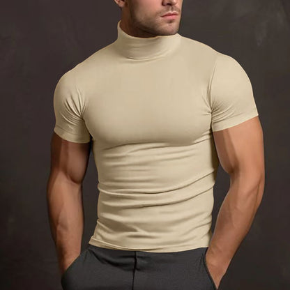 Cross-border Amazon 2024 summer solid color short-sleeved fashion bottoming shirt men's tight turtleneck T-shirt