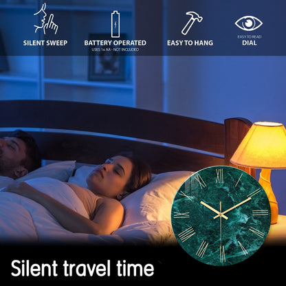 Creative Stylish Dark Green Marble Texture Pattern Tempered Glass Wall Clock Living Room Bedroom Kitchen Home Decoration Wall Clock Silent Quartz Clock Holiday Gift 12 Inches 14 Inches 16inch (Without Batteries)