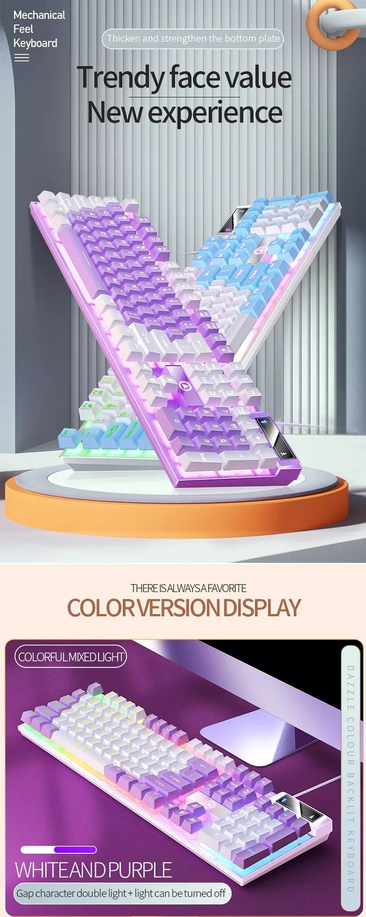 K500 Pink Keyboard Mixed Color White Pink Keycaps 104 Keys Wired Gaming Keyboard for Laptop PC