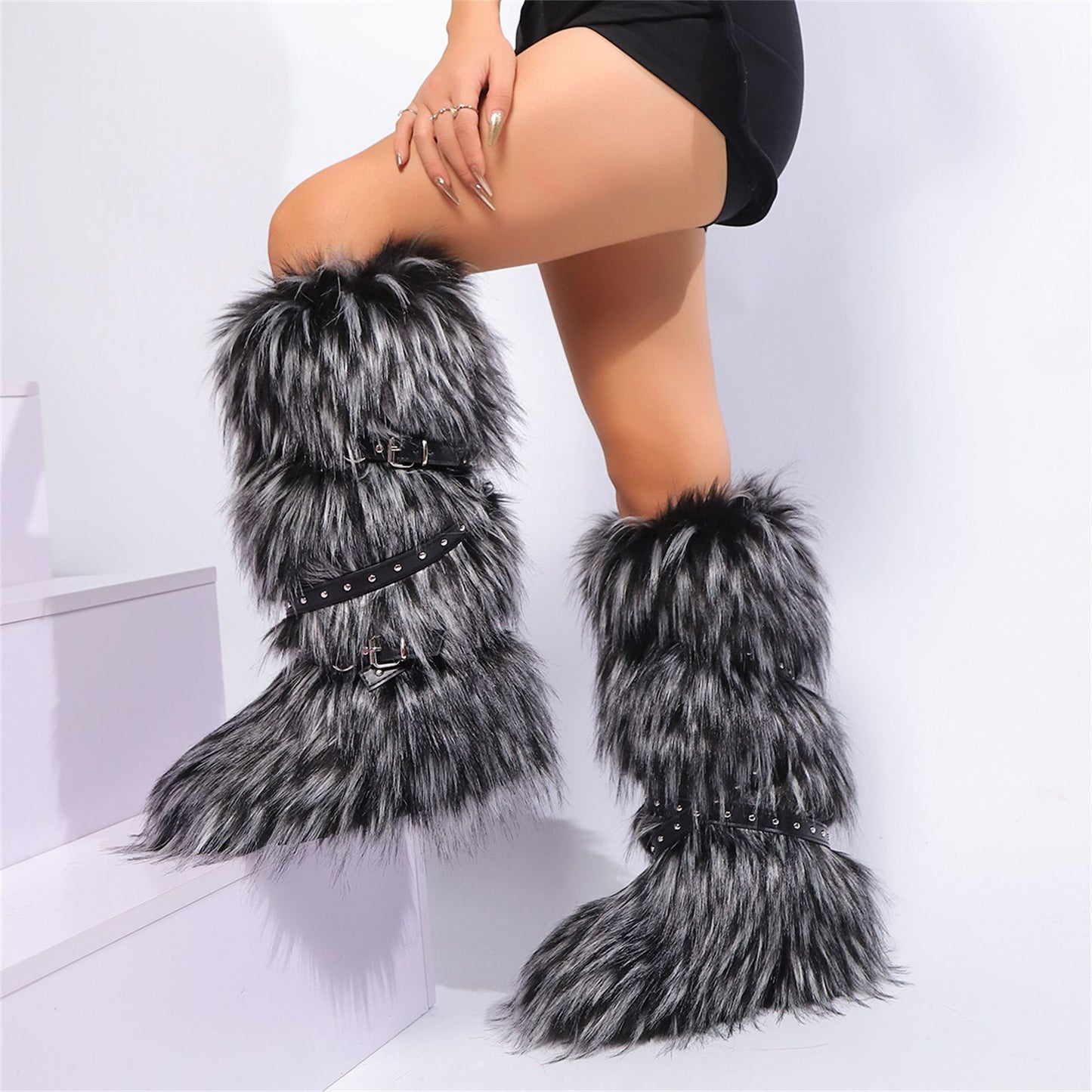 Winter Faux Fur Knee High Boots for Women - Comfy Plush Pull-On, Belt-Embellished Round Toe, Must-Have Trendy Pick for Party
