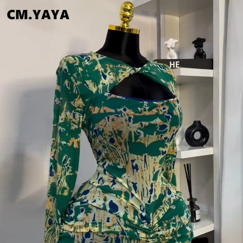 CM.YAYA Women Draped V-neck Cutout Front Ruched Stacked Bodycon Midi Long Maxi D