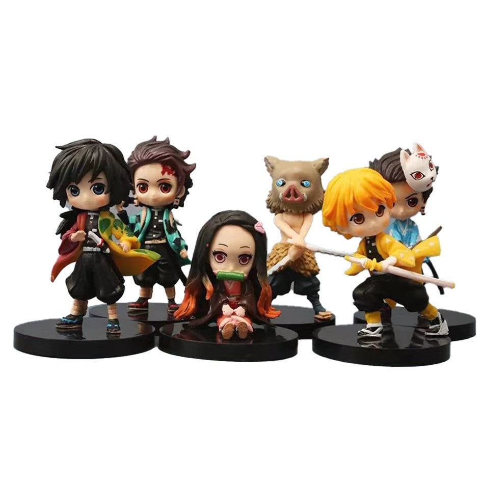 6 unidades Anime Demon Slayer Boneco Nezuko Tanjirou Zenitsu Inosuke Kyoujurou Giyuu Kawaii Qposket Boneco PVC Modelo Brinquedo Presente Colecionável