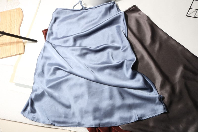 New In 2025 Spring Summer Solid Color Satin Long Skirt For Women High Waist Lace