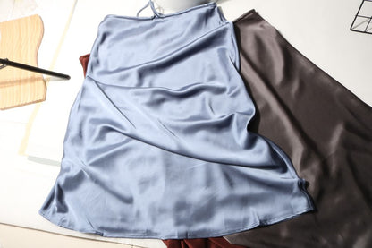 New In 2025 Spring Summer Solid Color Satin Long Skirt For Women High Waist Lace