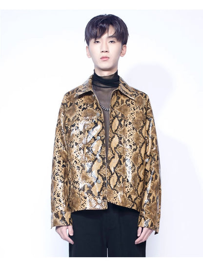 Mauroicardi Spring Autumn Loose Cool Shiny Colorful Snakeskin Print Pu Leather Jacket Men Luxury Designer Clothes Streeetwear