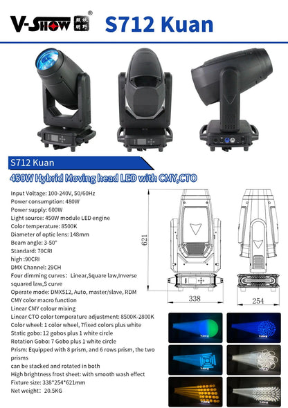 VSHOW 2pcs S712 With Folding Clamp With Flightcase Led Module 450W Beam Spot Wash BSW 3in1 With Zoom CMY CTO Moving Head Light