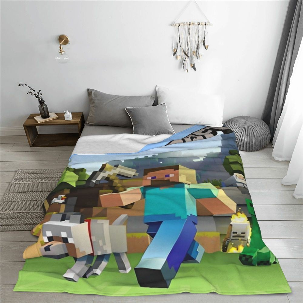 Cartoon Mines Pixel Game Crafts Flannel Blanket Super Warm Throw Blanket for Home Decor Decorative Street Trend Bedspread