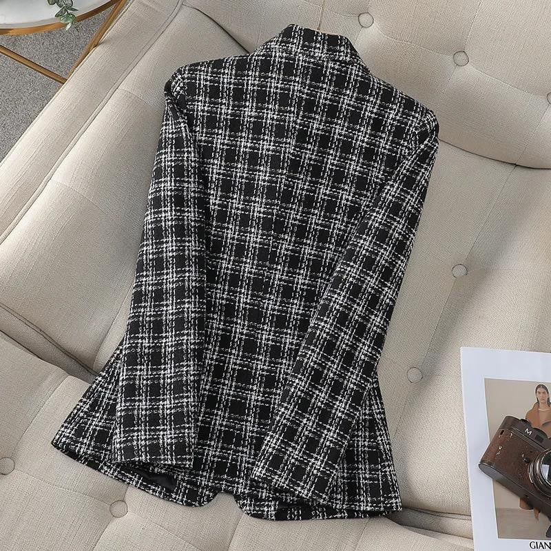 Woolen Plaid Small Suit Jacket for Women in Spring and Autumn 2025 New Short Style Korean Version Plus Size Retro Women's Suit