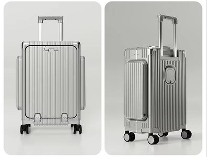Tri-Zone Access Opening Suitcase Aluminum Frame PC Material Travel Case with Spinner Wheels Cup Holder TSA Lock Rolling Luggage