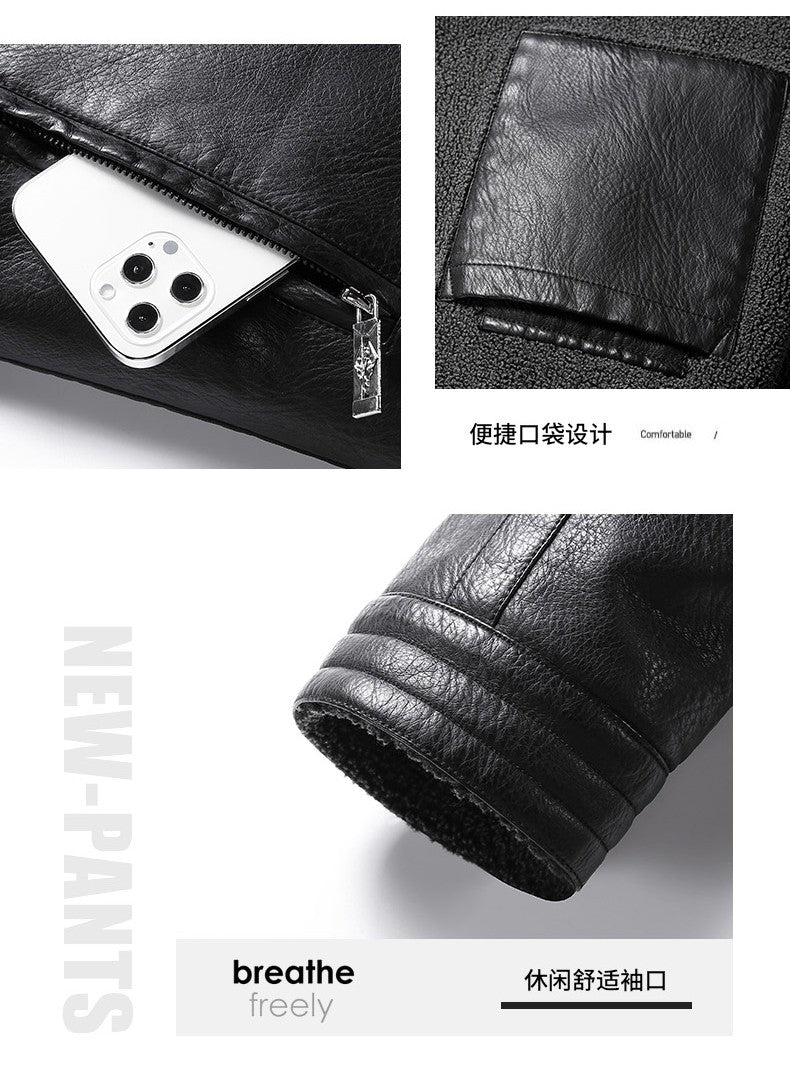 Leather Jacket Men Coats Autumn Fur Collar Luxury Fleece Black Oversized  6XL 7XL 8XL Plus Size Warm Winter Comfort High Quality