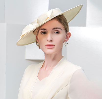 FS Elegante Chapéu de Aba Larga Marfim Feminino Grande Laço Ocasião Formal Kentucky Boné Feminino Casamento Coquetel Festa Fedora de Topo Reto 2024
