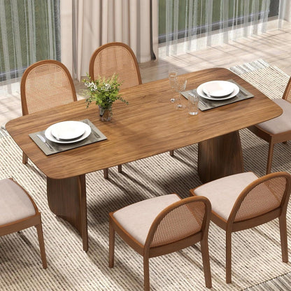 large walnut rectangular pedestal dining table for 6-8 people, 71" mid-century modern wood