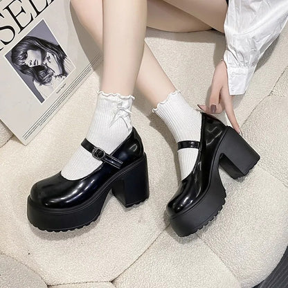 Sapatos Mary Jane Pretos de Salto Agulha Feminino 2023 Gótico Plataforma Grossa Bombas Sapatos Femininos Plus Size com Fivela no Tornozelo para Festa Lolita 42