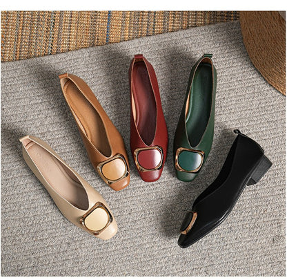 Woman Summer Casual Square Toe Cute Metal Mary Janes Buckle Ballerina Flats Female Bling Elegant Low Heeled Soft Soled Shoes