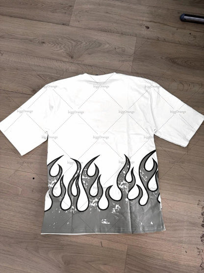 High Street Trendy Clothing Retro Fashion Flame Harajuku Oversized T-shirt Men Street Hip-hop Casual Loose Short Sleeve Women