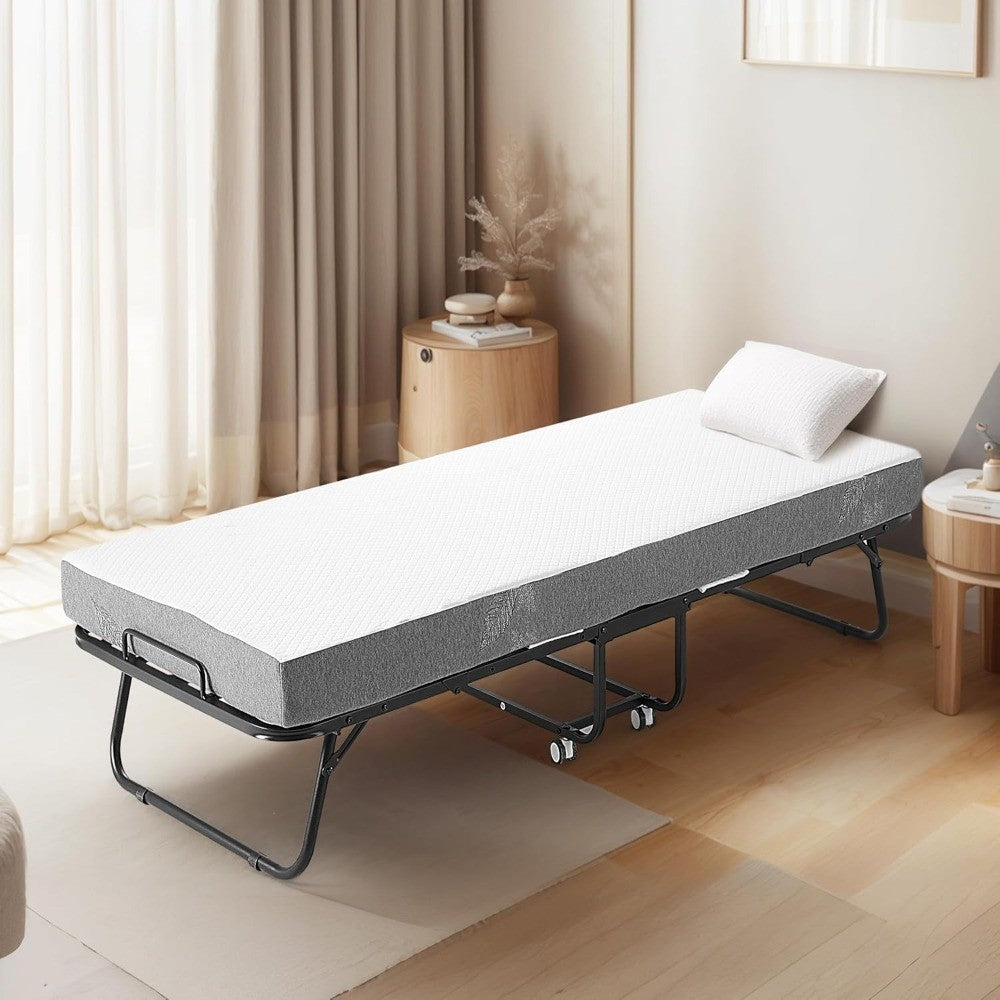 Folding Bed with Memory Foam Mattress, Portable Rollaway Guest Beds on Wheels, 75x31 Twin Size Space-Saving Cot-Size Bed for Adu