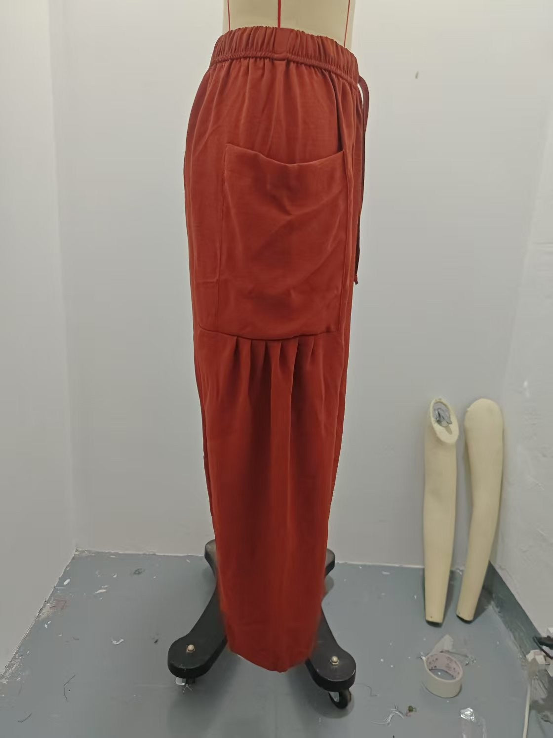 Women's Stretched-waist Pleated High-waisted Wide-leg Trousers Spring Autumn Fashion Cotton Linen Pocket Casual Trousers Woman