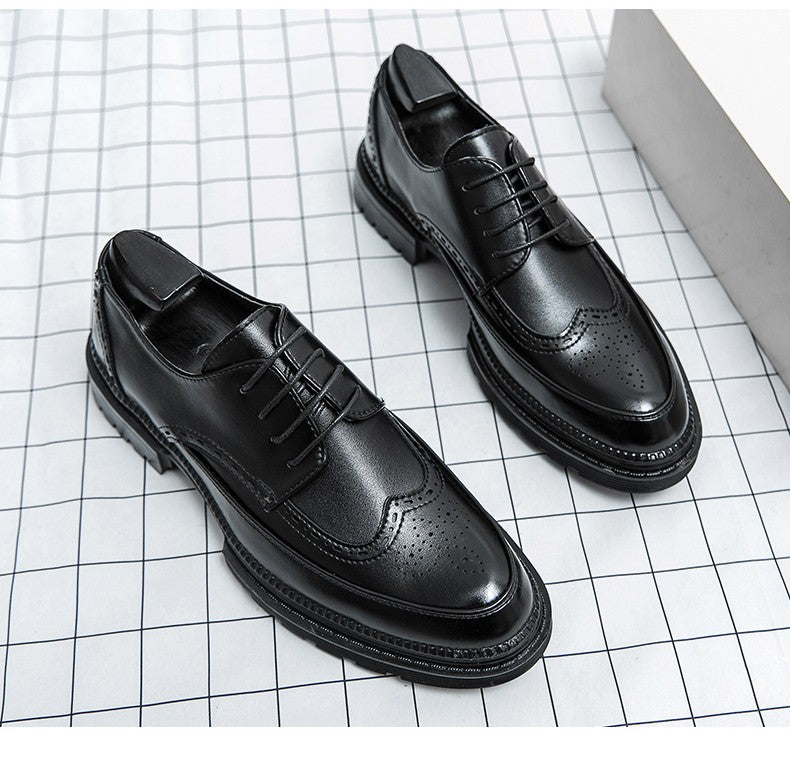 New leather shoes for young men British Brock formal business increase casual black wedding groom lace-up men's shoes