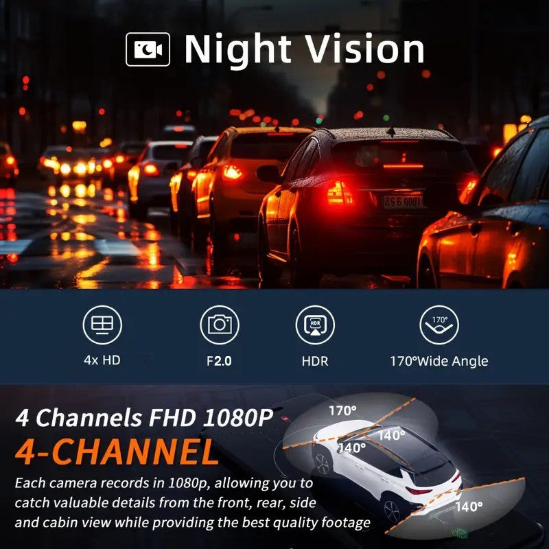 Câmera Veicular 4 Canais 360° Carro DVR Black Box 128G Câmera Frontal Esquerda Direita Traseira Gravador de Vídeo G-Sensor Monitor de Estacionamento 24H