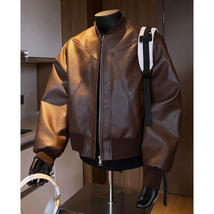 American Trend Retro Crack Leather Versatile Casual Jackets Stand Collar Leather Bomber 2025 Men's Fashion Commuter Leather Coat