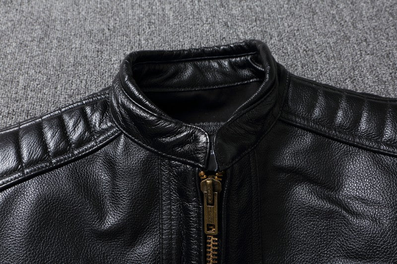Men's Natural Leather Jacket First Layer Calfskin Stand Collar Motorcycle Jacket Retro Brown Cowhide Jacket Men‘s Biker Clothes