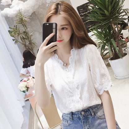 Women's Shirt Lace Hollow Out Sweet Loose White V-Neck Blouse Half Sleeves Solid Blouse Shirt