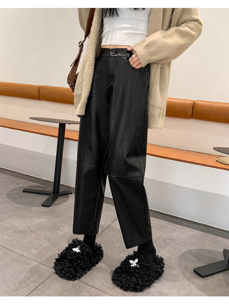 Autumn Winter PU Leather Vintage Women's Ankle Length Pants 2024 New High Waist Zipper Black Straight Pants Female Pockets