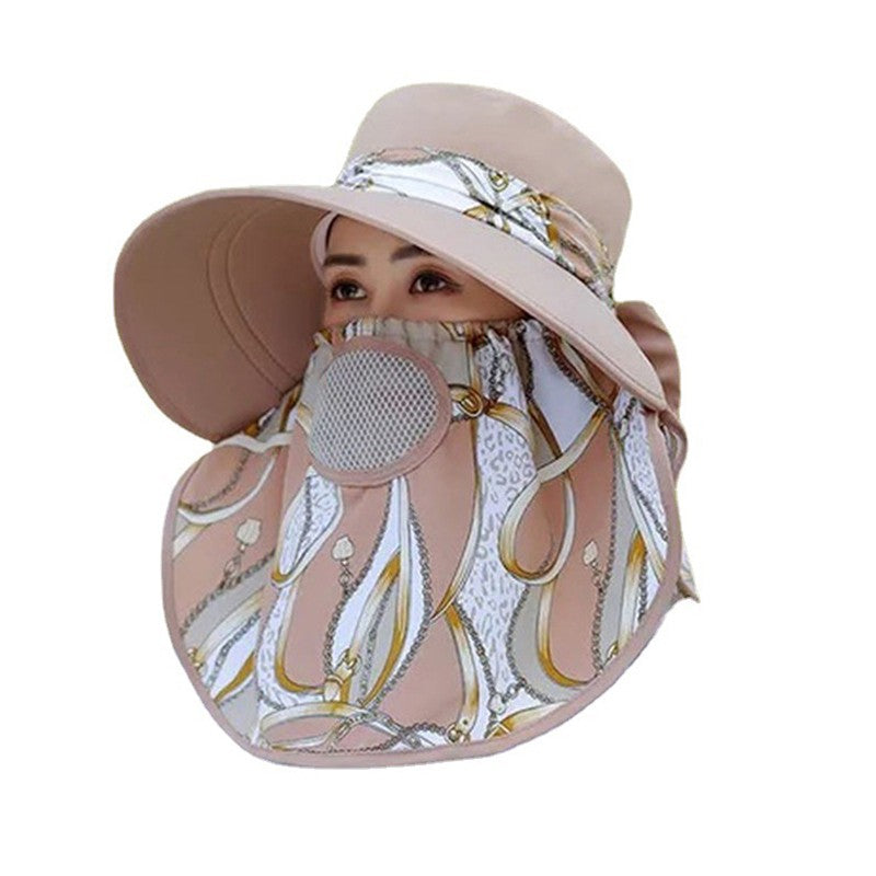 Verão Mulheres Exterior Estampa Chapéu Pescador Proteção UV Aba Larga Chapéu Jardim Trabalho Sombra Respirável Máscara Facial Destacável Quepe