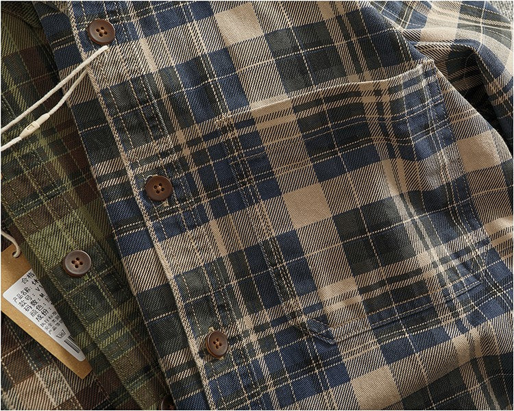 2024 Spring and Autumn New American Retro Woven Plaid Cargo Shirt Men's Simple 100% Cotton Washed Single Pocket Thin Jacket