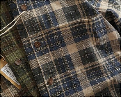 2024 Spring and Autumn New American Retro Woven Plaid Cargo Shirt Men's Simple 100% Cotton Washed Single Pocket Thin Jacket
