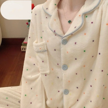 Autumn Winter New Pajamas Lapel Neck Long Sleeve Colourful Dot Print Warm Sleepwear Thick Casual Pajamas Coral Fleece Two-Piece