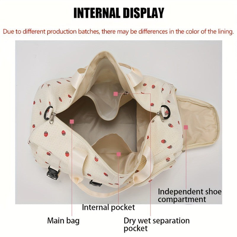 Large Capacity Travel Duffel Bag with Strawberry Pattern, Wet/Dry Separation, Independent Shoe Compartment & Multiple Pockets