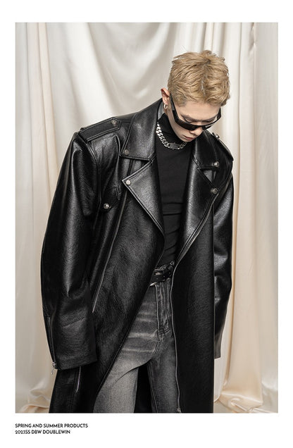 Mauroicardi Spring Autumn Oversized Cool Extra Long Black Pu Leather Trench Coat Men Zipper Loose Luxury European Fashion 2023