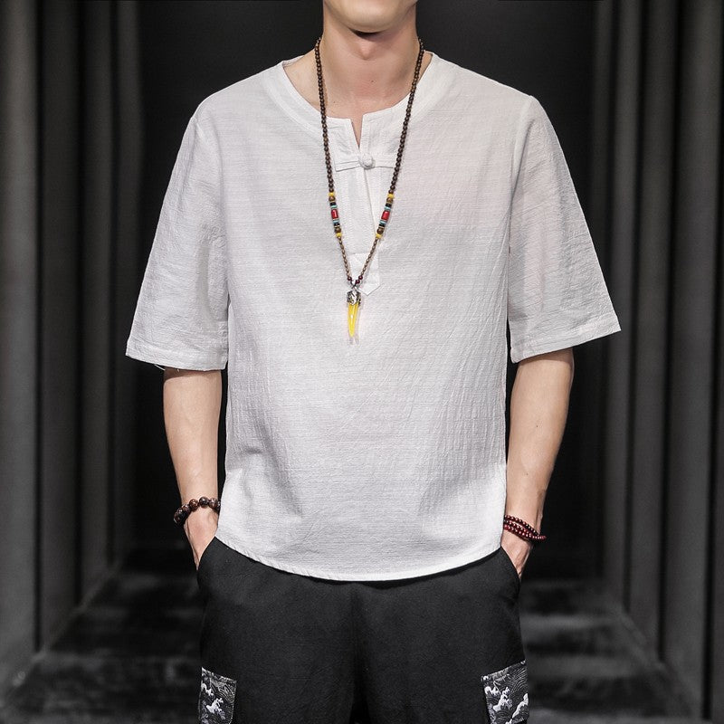 2023 Men Summer Cotton Linen Tang Shirt Men Chinese Style Button Short-Sleeved Shirts Male Blouse Vintage Kung Fu Hawaiian Shirt