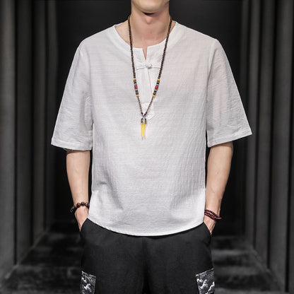 2023 Men Summer Cotton Linen Tang Shirt Men Chinese Style Button Short-Sleeved Shirts Male Blouse Vintage Kung Fu Hawaiian Shirt