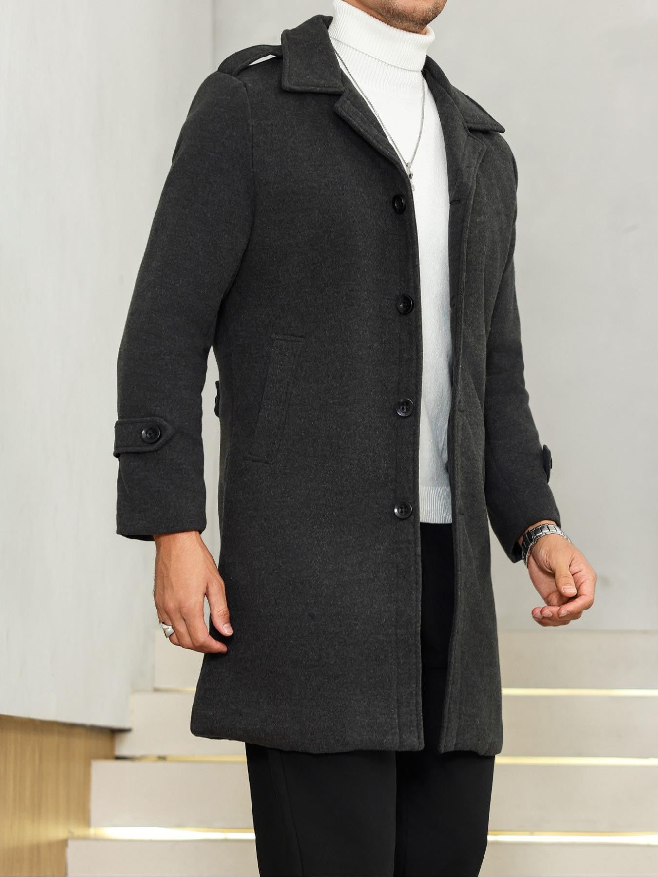 1PCS Men's Woolen Overcoat Jacket, Autumn Winter Casual Long Sleeve Outerwear, Lapel Pocket Design Comfortable Daily Wear