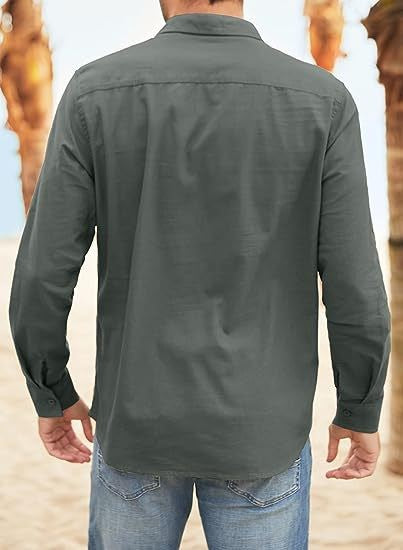 Business Men's Single-breasted Shirt Double Pocket Cotton Linen Long-sleeved Shirt Casual Vacation Shirt