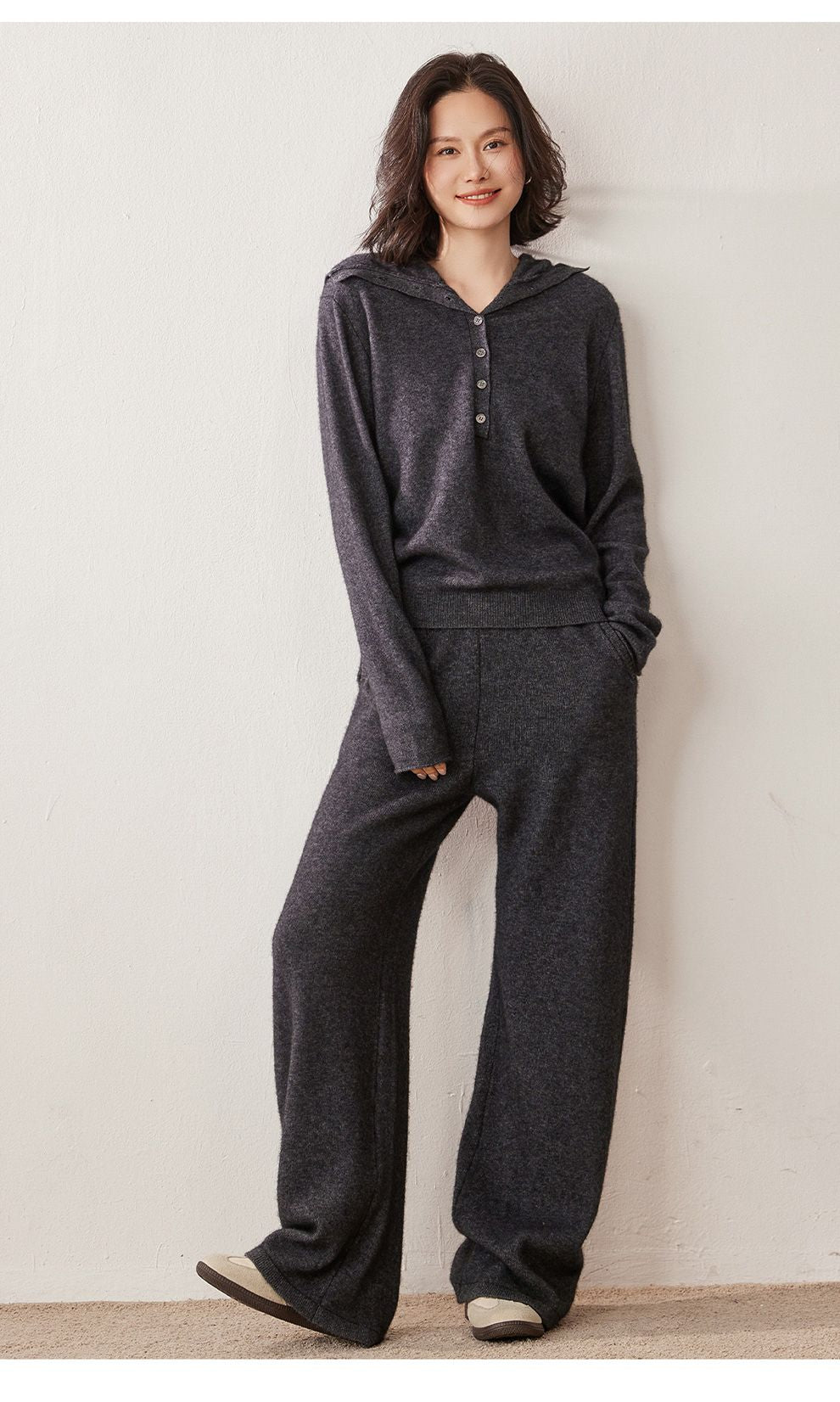 Autumn Winter New 100% Pure Cashmere Women Half Open Front Hoodie Set Knitted Two Piece Pullover Knitwear Wide Leg Pants