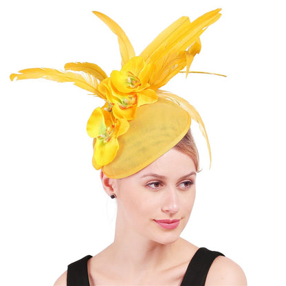 Fascinator Elegante de Lavanda com Flor Amarela Chapéu Derby para Senhora Chapéus de Igreja em Sinamay Fedora de Aba Larga Chapéu para Casamento Festa Vestido XMF320