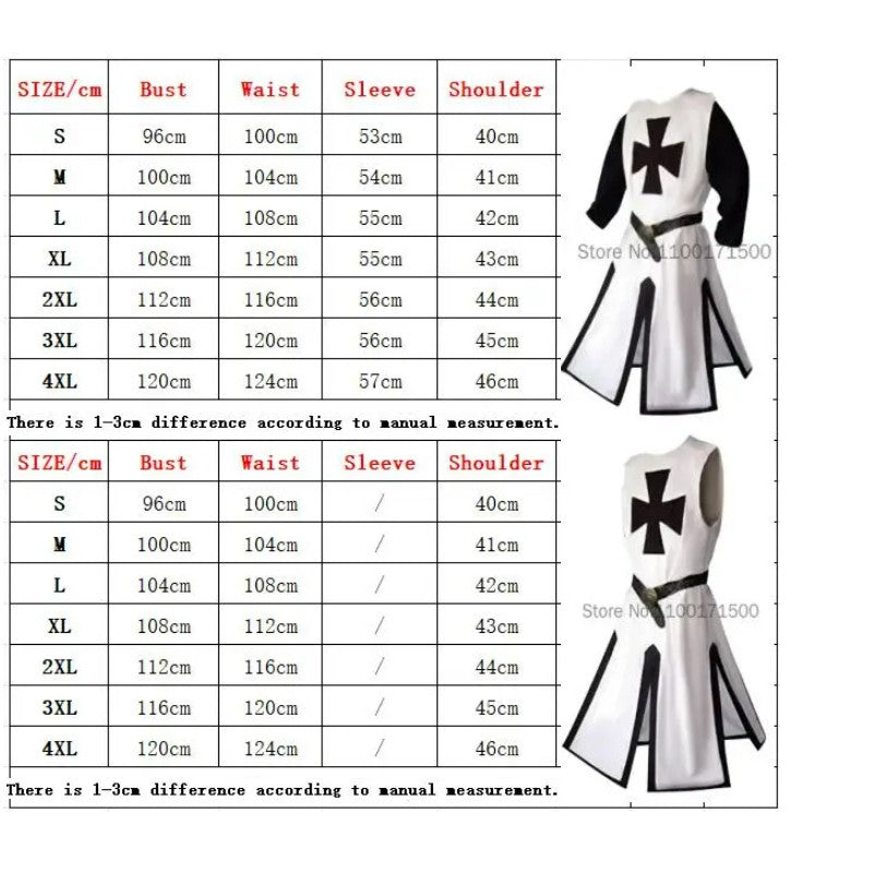 Mens Medieval Crusader Knights Templar Tunic Costumes Renaissance Halloween Surcoat Warrior Black Plague Cloak Cosplay Top