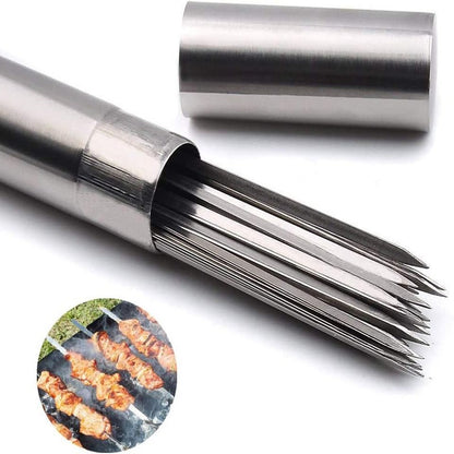 Skewers for Grilling Storage Tube Stainless Steel Barbecue Skewer BBQ Needle Sticks Metal Flat Forks for Kitchen Camping Gadgets