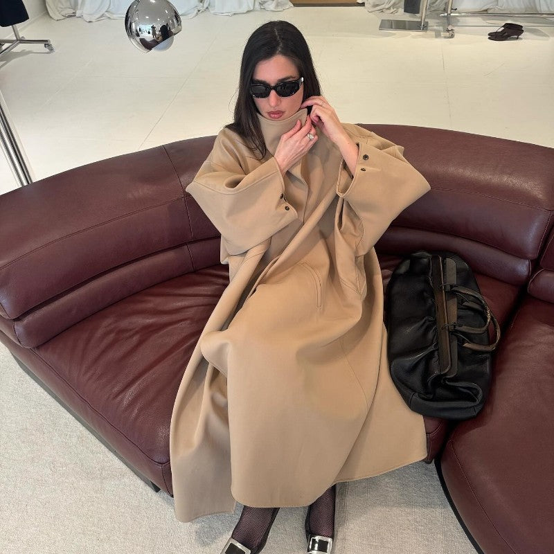 Fashion Loose Women's Trench Coat Stand Collar Batwing Sleeve Oversized Long Coats 2025 New Autumn Casual Street Chic Outwear