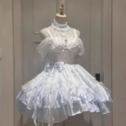 Summer Japanese Style Kawaii Lolita Dress Women Party Vintage Sweet Lace Bow Birthdays Cake Dresses Harajuku Y2k Bandage Dress