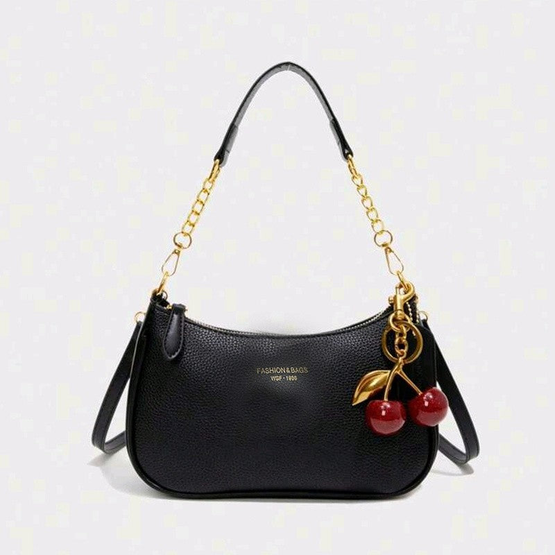 Cherry Pendant Shoulder Bag Women Light Luxury New High-end Women's Bag Soft Lychee Pattern Underarm Bag Casual Dumpling Bag