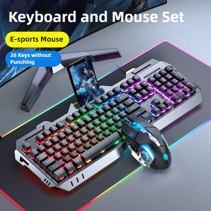 Conjunto de teclado e mouse gamer com fio, retroiluminação colorida, 104 teclas, painel de metal, teclado com sensação mecânica para laptop e desktop