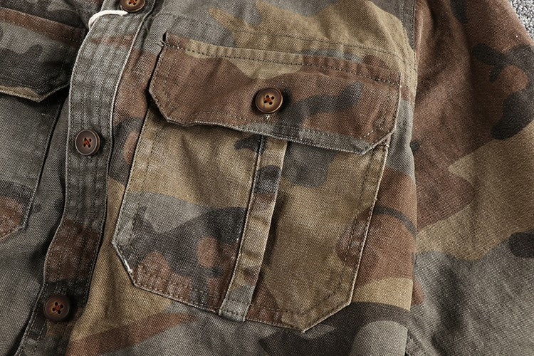 2024 Autumn and Winter New American Retro Woven Camouflage Cargo Shirt Men's 100% Cotton Washed Old Double Pockets Thin Jacket